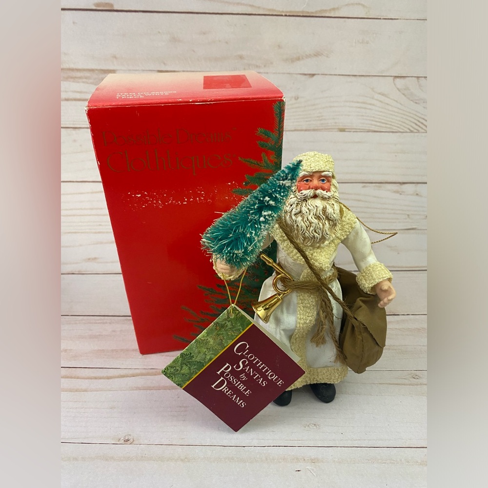 1992 Possible Dreams Clothtique Santa Ornament Holding Bottle Brush Tree W/BOX